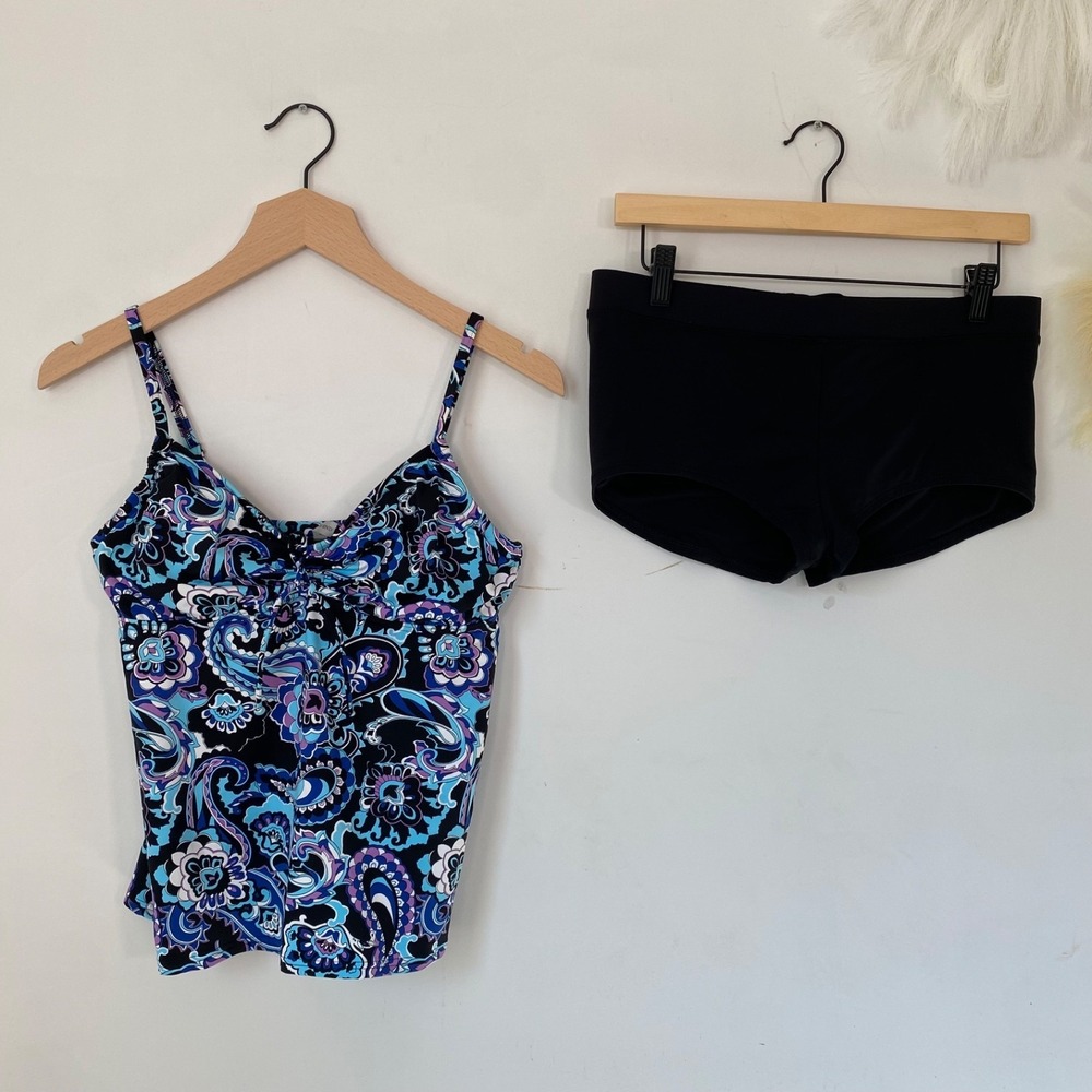 Lands End Womens Paisley Tankini & Bottoms Set Size 8 Swim Shorts Vacation 2pc